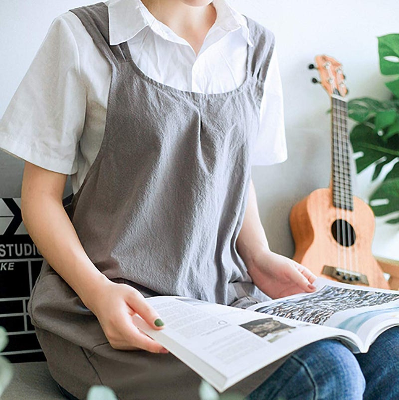 losofar Soft Cotton Linen Apron Cross Back X-Shaped Japanese Style Pinafore Dress for Cooking, Housewarming, Daily Chores (grey, (28.3"x 35.4")) - Image 5